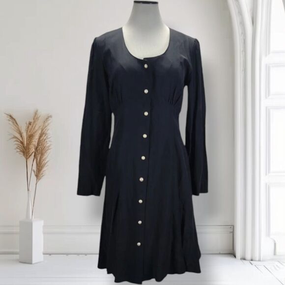 Vintage 90s Dark Coquette A Line Dress Size M Black Faux Pearl Button Front - Picture 1 of 9